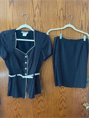 Vintage Francine Browner Navy Polka Dot Top& Pencil Skirt - Classic Office Chic